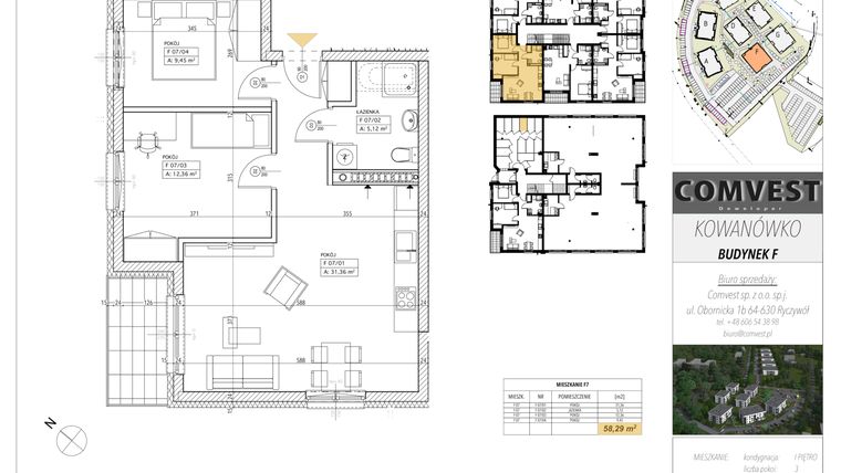 Rzut - Mieszkanie na sprzedaż 3 pokoje o powierzchni 58,29 m² - numer F7 w Kowanówko
