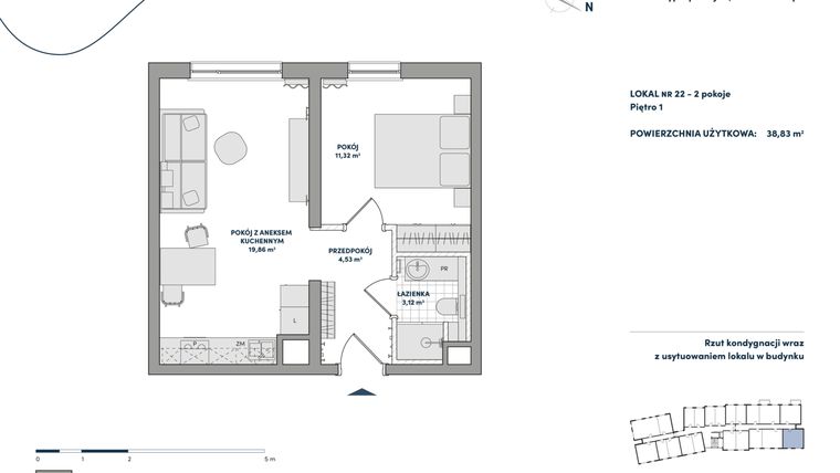 Rzut - Mieszkanie na sprzedaż 2 pokoje o powierzchni 38,83 m² - numer 22 w AtHome - Apartamenty inwestycyjne