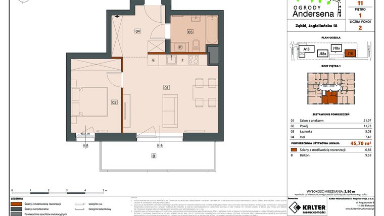 Rzut - Mieszkanie na sprzedaż 2 pokoje o powierzchni 45,7 m² - numer 11D w Ogrody Andersena