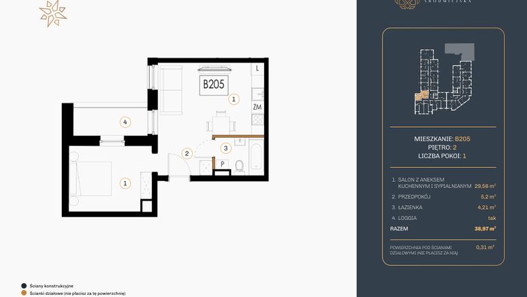Rzut - Mieszkanie na sprzedaż 1 pokój o powierzchni 38,97 m² - numer B.205 w Rezydencja Śródmiejska