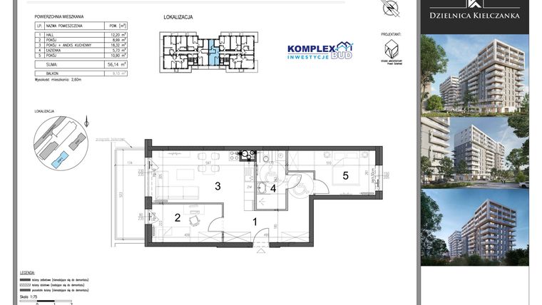 Rzut - Mieszkanie na sprzedaż 3 pokoje o powierzchni 56,14 m² - numer 49 w Dzielnica Kielczanka etap II