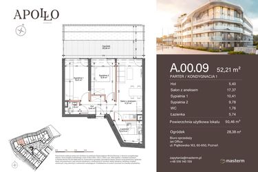 Rzut - Mieszkanie na sprzedaż 2 pokoje o powierzchni 52,21 m² - numer A.0.09 w Apollo Residence