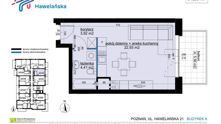 Rzut - Mieszkanie na sprzedaż 1 pokój o powierzchni 31,26 m² - numer A/5/42 w Osiedle Hawelańska etap III - bud. A