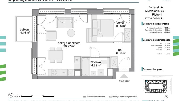Rzut - Mieszkanie na sprzedaż 2 pokoje o powierzchni 46,5 m² - numer 65 w Osiedle Fokus Ursus