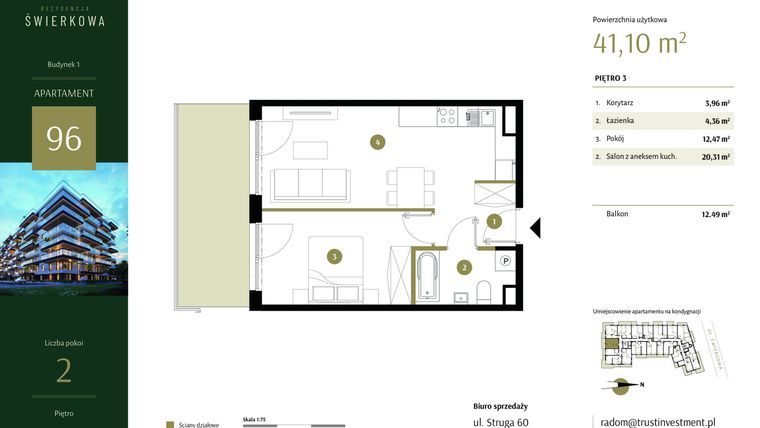 Rzut - Mieszkanie na sprzedaż 2 pokoje o powierzchni 41,1 m² - numer 96 w Rezydencja Świerkowa