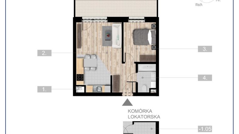 Rzut - Mieszkanie na sprzedaż 2 pokoje o powierzchni 41,67 m² - numer 33 w Szczytno Dąbrowskiego - etap 3