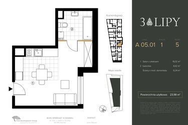 Rzut - Mieszkanie na sprzedaż 1 pokój o powierzchni 23,98 m² - numer A.05.01 w 3 lipy