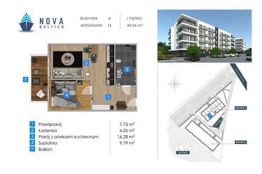 Rzut - Mieszkanie na sprzedaż 2 pokoje o powierzchni 40,06 m² - numer A13 w Nova Baltica Mieszkania Kołobrzeg