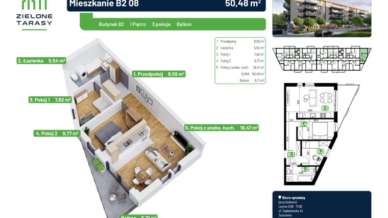 Rzut - Mieszkanie na sprzedaż 3 pokoje o powierzchni 50,48 m² - numer B2.08 w Zielone Tarasy