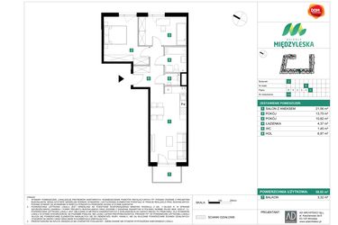 Rzut - Mieszkanie na sprzedaż 3 pokoje o powierzchni 58,92 m² - numer 114 w Osiedle Międzyleska - etap II