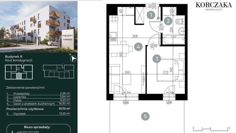 Rzut - Mieszkanie na sprzedaż 2 pokoje o powierzchni 31,73 m² - numer R.I.04 w Korczaka Apartamenty