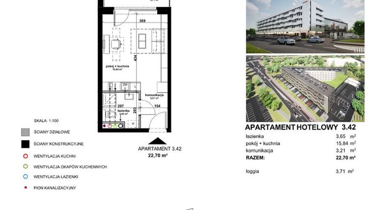 Rzut - Mieszkanie na sprzedaż 1 pokój o powierzchni 22,66 m² - numer 3.42 w Apartamentowiec Zwycięska 3 - inwestycyjne