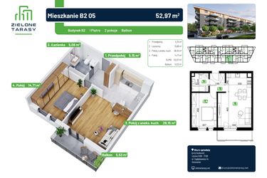 Rzut - Mieszkanie na sprzedaż 2 pokoje o powierzchni 52,96 m² - numer B2.05 w Zielone Tarasy