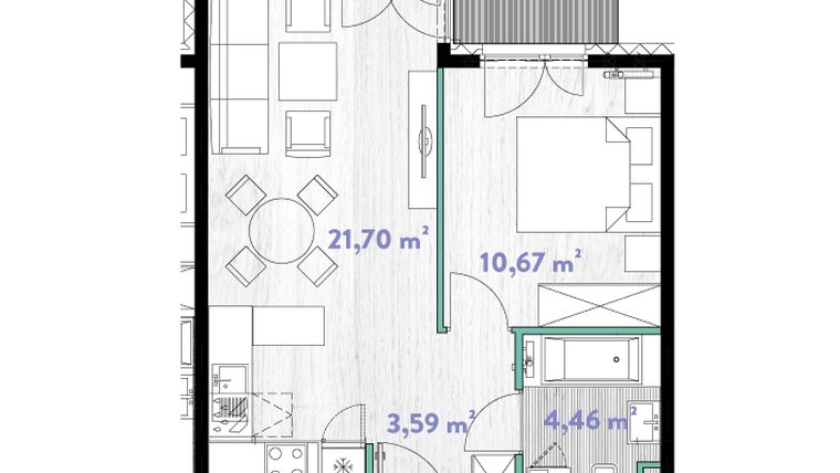 Rzut - Mieszkanie na sprzedaż 2 pokoje o powierzchni 40,67 m² - numer A.03.12 w Do Wilgi