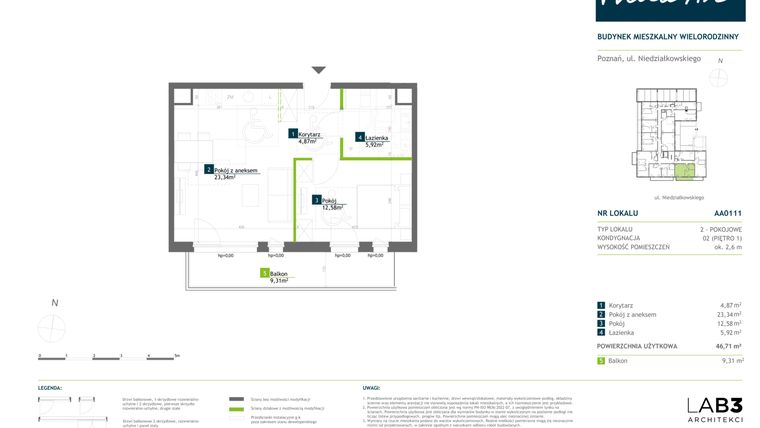 Rzut - Mieszkanie na sprzedaż 2 pokoje o powierzchni 46,71 m² - numer AA0111 w Vilda Arte