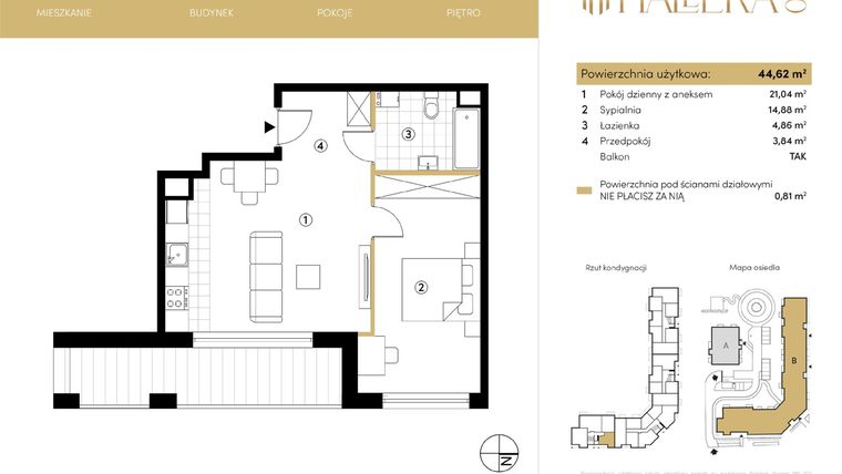 Rzut - Mieszkanie na sprzedaż 2 pokoje o powierzchni 44,62 m² - numer B.02.20 w Hallera 140
