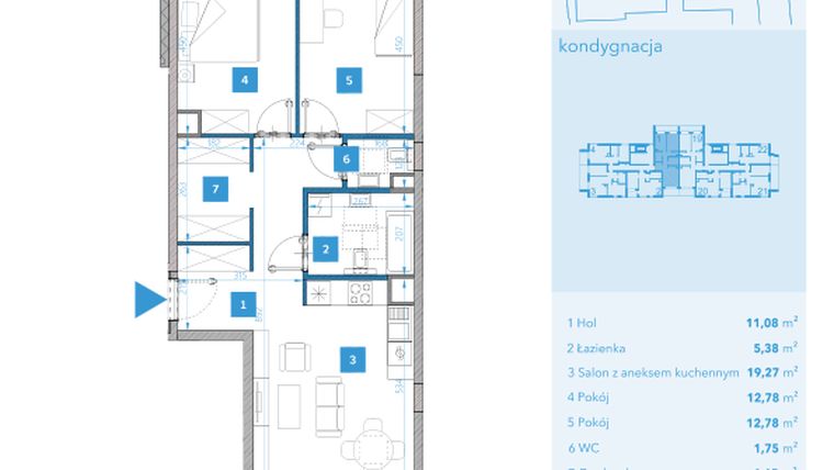 Rzut - Mieszkanie na sprzedaż 3 pokoje o powierzchni 67,69 m² - numer 1 w Apartamenty Macadamia