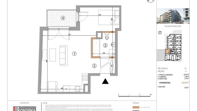 Rzut - Mieszkanie na sprzedaż 1 pokój o powierzchni 43,07 m² - numer A4/14 w 5th Avenue Apartments