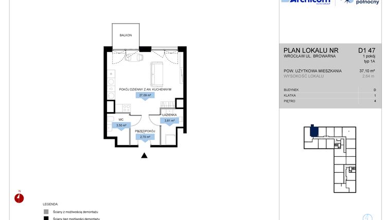 Rzut - Mieszkanie na sprzedaż 1 pokój o powierzchni 37,01 m² - numer D1.47 w Bulwar Północny