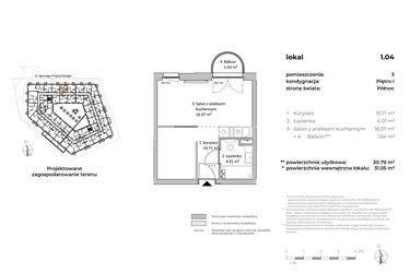 Rzut - Mieszkanie na sprzedaż 1 pokój o powierzchni 30,79 m² - numer 1.04 w OVAL SKY