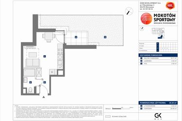 Rzut - Mieszkanie na sprzedaż 1 pokój o powierzchni 25,25 m² - numer E.1 w Mokotów Sportowy 1.1B