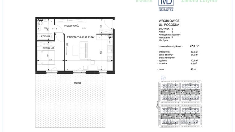 Rzut - Mieszkanie na sprzedaż 2 pokoje o powierzchni 47,8 m² - numer 6B - 1A w Zielona Lutynia