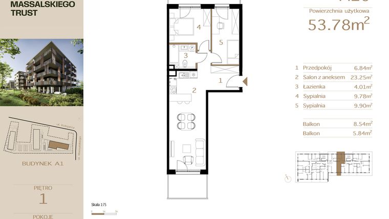 Rzut - Mieszkanie na sprzedaż 3 pokoje o powierzchni 53,78 m² - numer M10 w Massalskiego Trust