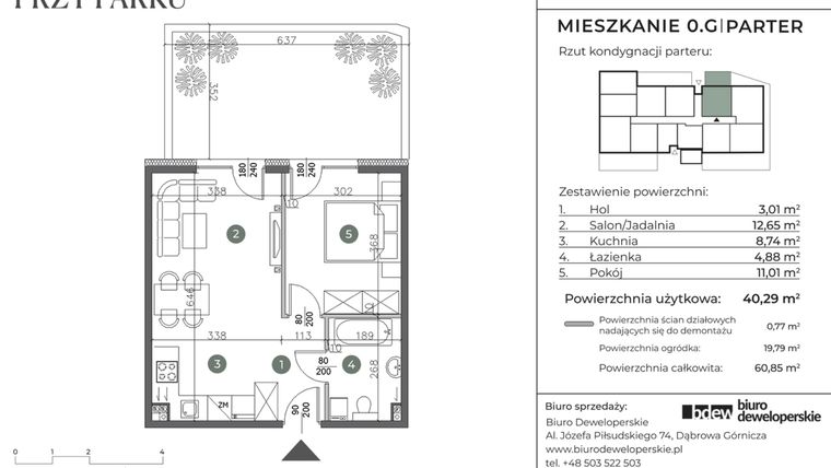 Rzut - Mieszkanie na sprzedaż 2 pokoje o powierzchni 40,29 m² - numer 0.G w Willa przy parku