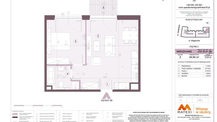 Rzut - Mieszkanie na sprzedaż 2 pokoje o powierzchni 44,94 m² - numer B.01.09 w Apartamenty Józefińska
