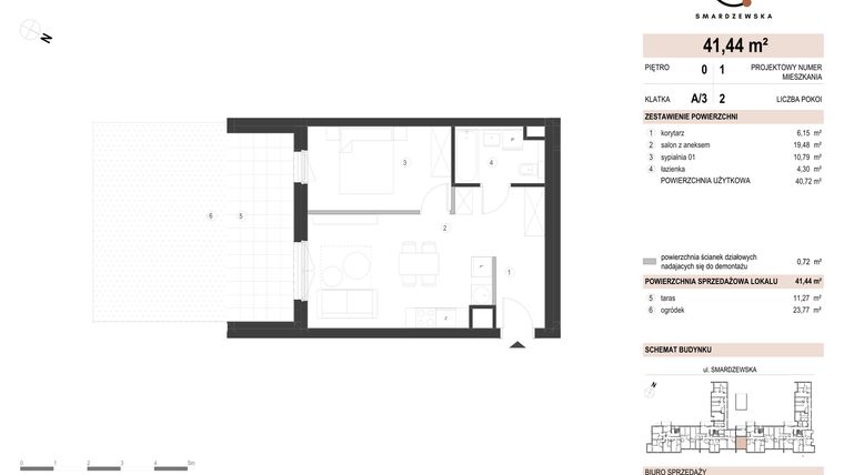 Rzut - Mieszkanie na sprzedaż 2 pokoje o powierzchni 41,44 m² - numer A/3/0.1 w Smardzewska 8