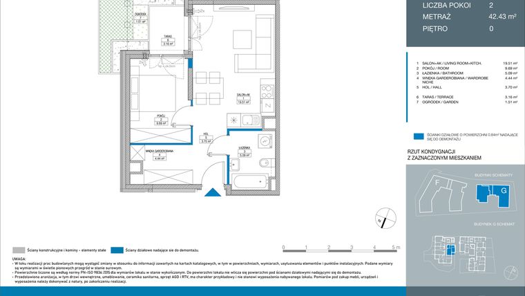 Rzut - Mieszkanie na sprzedaż 2 pokoje o powierzchni 42,34 m² - numer GC0001 w Spokojny Mokotów etap II