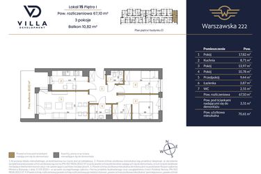 Rzut - Mieszkanie na sprzedaż 3 pokoje o powierzchni 67,1 m² - numer 15 w Warszawska 222 bud. D