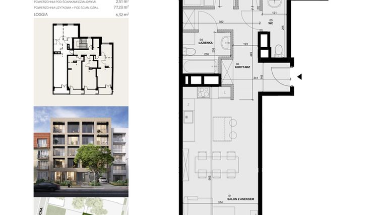 Rzut - Mieszkanie na sprzedaż 3 pokoje o powierzchni 74,72 m² - numer 2M8 w Apartamentowiec Szaserów