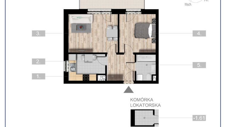 Rzut - Mieszkanie na sprzedaż 2 pokoje o powierzchni 47,84 m² - numer 23 w Szczytno Dąbrowskiego - etap 3