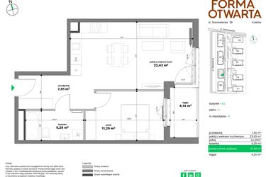 Rzut - Mieszkanie na sprzedaż 2 pokoje o powierzchni 47,92 m² - numer B1-9 w Forma Otwarta etap II