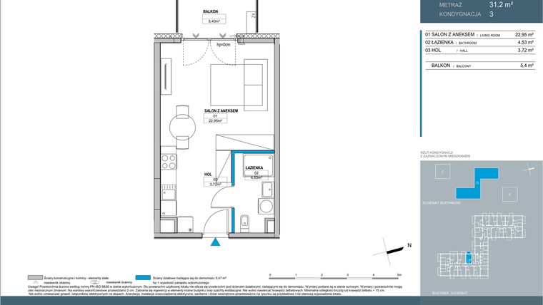Rzut - Mieszkanie na sprzedaż 1 pokój o powierzchni 31,2 m² - numer D1.3.11 w Nordic Bemowo - etap IV
