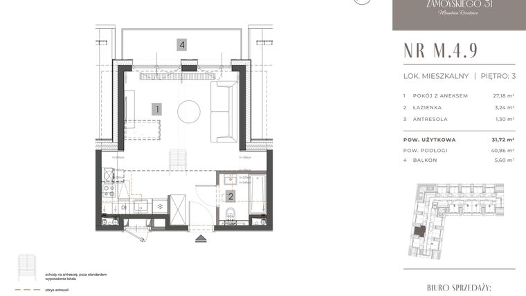 Rzut - Mieszkanie na sprzedaż 1 pokój o powierzchni 31,72 m² - numer M.4.9 w Zamoyskiego 31