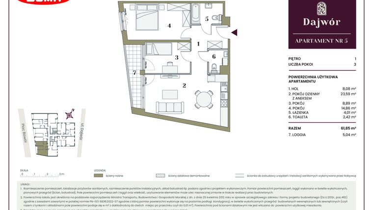 Rzut - Mieszkanie na sprzedaż 3 pokoje o powierzchni 61,85 m² - numer 5 w Dajwór