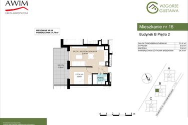 Rzut - Mieszkanie na sprzedaż 2 pokoje o powierzchni 34,79 m² - numer B16 w Wzgórze Gustawa