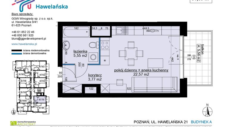 Rzut - Mieszkanie na sprzedaż 1 pokój o powierzchni 31,89 m² - numer A/7/70 w Osiedle Hawelańska etap III - bud. A