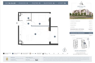 Rzut - Mieszkanie na sprzedaż 2 pokoje o powierzchni 44,61 m² - numer 1A.1A.28 w Astelia Park etap 1A i 3