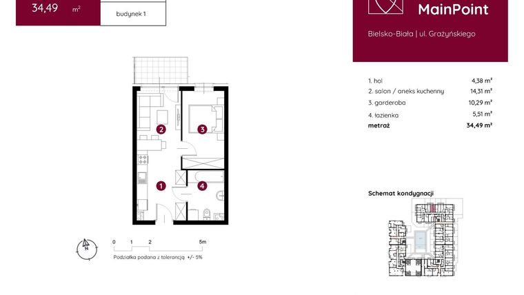 Rzut - Mieszkanie na sprzedaż 1 pokój o powierzchni 34,49 m² - numer 1.A.0.06 w Murapol MainPoint