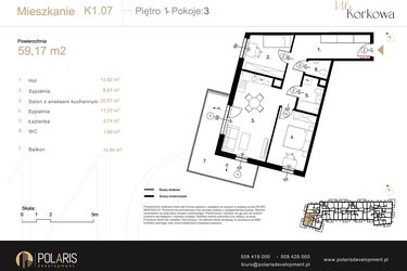 Rzut - Mieszkanie na sprzedaż 3 pokoje o powierzchni 59,17 m² - numer K1.07 w Korkowa 146