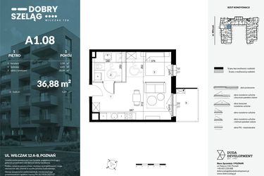 Rzut - Mieszkanie na sprzedaż 1 pokój o powierzchni 36,88 m² - numer A1.08 w Dobry Szeląg