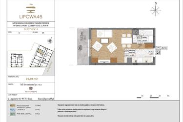 Rzut - Mieszkanie na sprzedaż 1 pokój o powierzchni 26,01 m² - numer A27 w Lipowa 45
