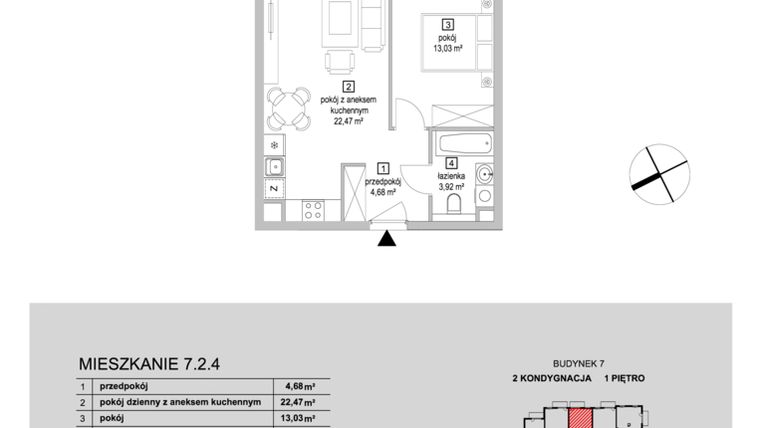 Rzut - Mieszkanie na sprzedaż 2 pokoje o powierzchni 44,1 m² - numer 7.2.4 w Osiedle Przyjemne IV