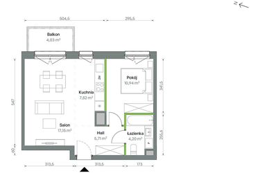 Rzut - Mieszkanie na sprzedaż 2 pokoje o powierzchni 45,52 m² - numer 1/A/2/57 w Oliwska Vita
