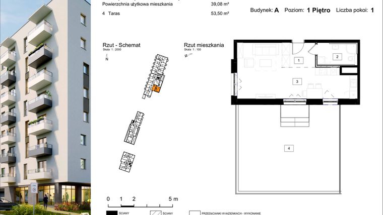 Rzut - Mieszkanie na sprzedaż 1 pokój o powierzchni 39,08 m² - numer A.2 w Osiedle Kochanowskiego - Gliwice