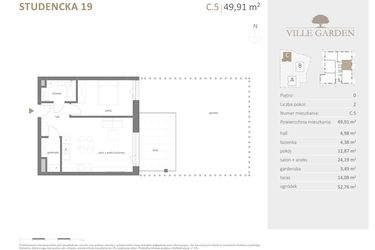 Rzut - Mieszkanie na sprzedaż 2 pokoje o powierzchni 49,91 m² - numer C.05 w Ville Garden