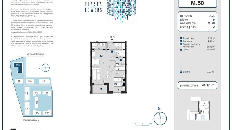 Rzut - Mieszkanie na sprzedaż 2 pokoje o powierzchni 46,17 m² - numer 50 w Piasta Towers bud. 90A